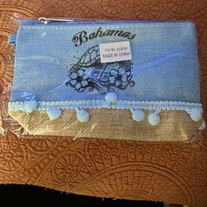 Bahamas Blue and Tan Pouch with Pom-Poms